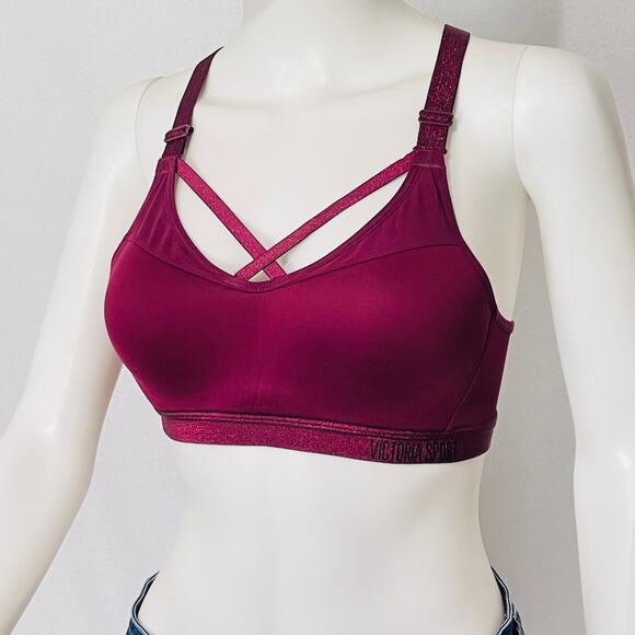 Victoria's Secret Sports Bra Womens 32C Dark Red Strappy Molded Cups Wireless - Picture 1 of 12